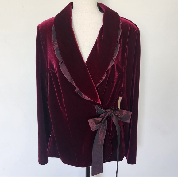Vintage Jackets & Blazers - Vintage Velvet Burgundy Wrap Blazer Jacket Ruffle Tie Romantic Victorian 44